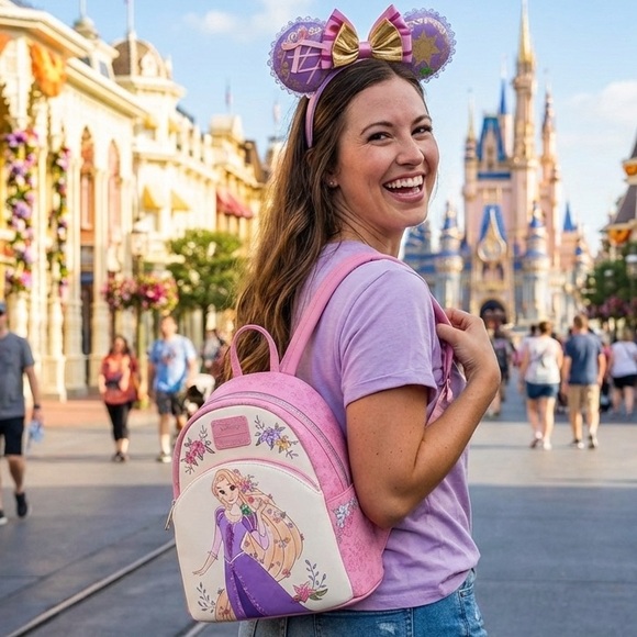 New Loungefly Disney Tangled Rapunzel Mini Backpack + Headband Ears Minnie Mouse
